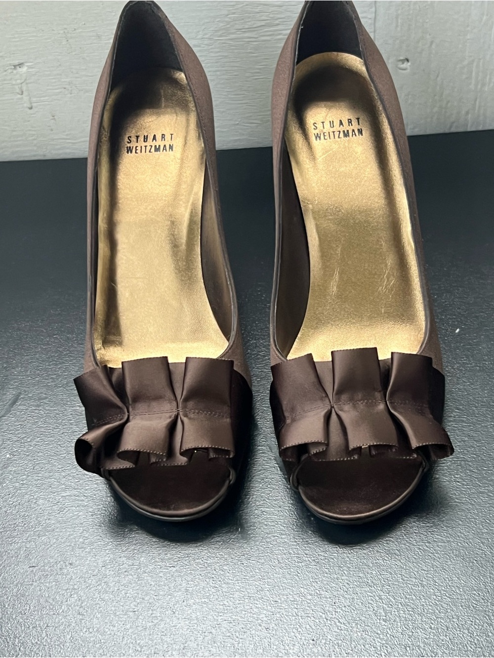 Stuart Weitzman Brown Satin Peep-Toe Ruffle Pumps